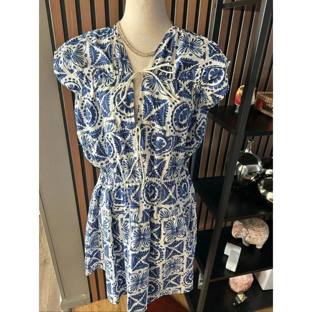 H&M blue and white dress slowly oversized summer dress Greece vacation sz small